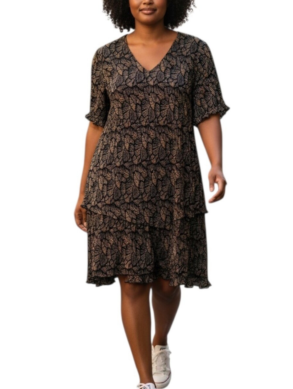 Connected Apparel Tiered Brown Black Floral Stretch Swing Dress